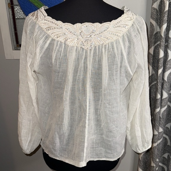 Calypso St. Barth Beaded Neckline Semi Sheer Gauzy Cotton Cropped Blouse - Picture 5 of 10